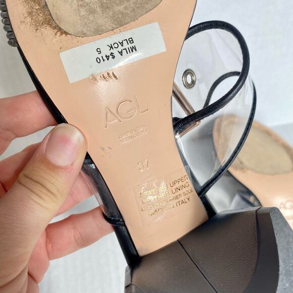 AGL Heels Mila Sandals Clear Strap Leather Black Silver Metallic Block Heel 7 37 - Picture 9 of 10
